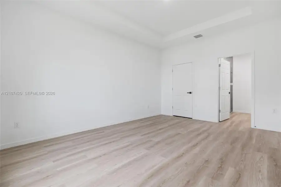 Interior space featuring a tray ceiling, neutral wall tones, and wood-finish flooring Interior space featuring a tray ceiling, neutral wall tones, and wood-finish flooring