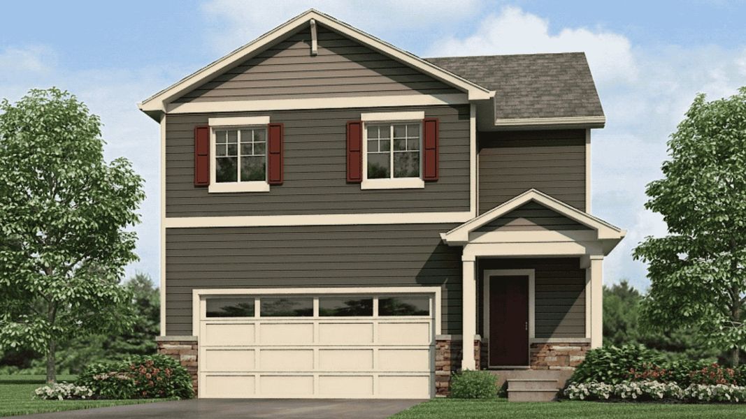 Front exterior of a new home in Prairie Song, Windsor, CO, highlighting curb appeal (Image 1). Front exterior of a new home in Prairie Song, Windsor, CO, highlighting curb appeal (Image 1).