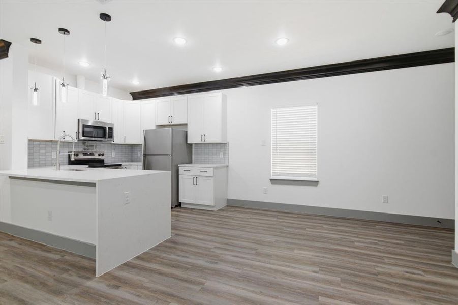 Contemporary kitchen featuring white cabinetry, stainless steel appliances, a white island with an integrated sink, and wood-finish flooring