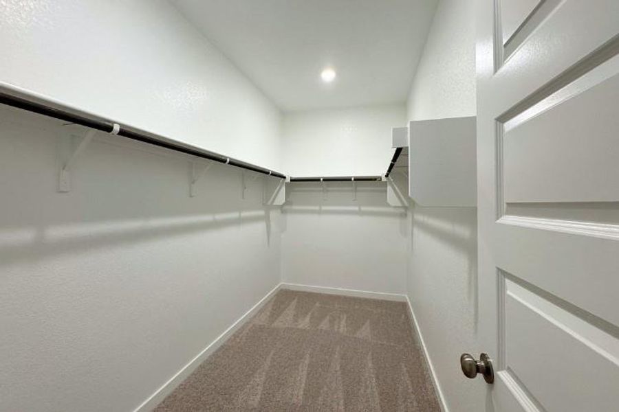 Ample hanging rods and built-in shelving maximize storage space in this carpeted walk-in closet.