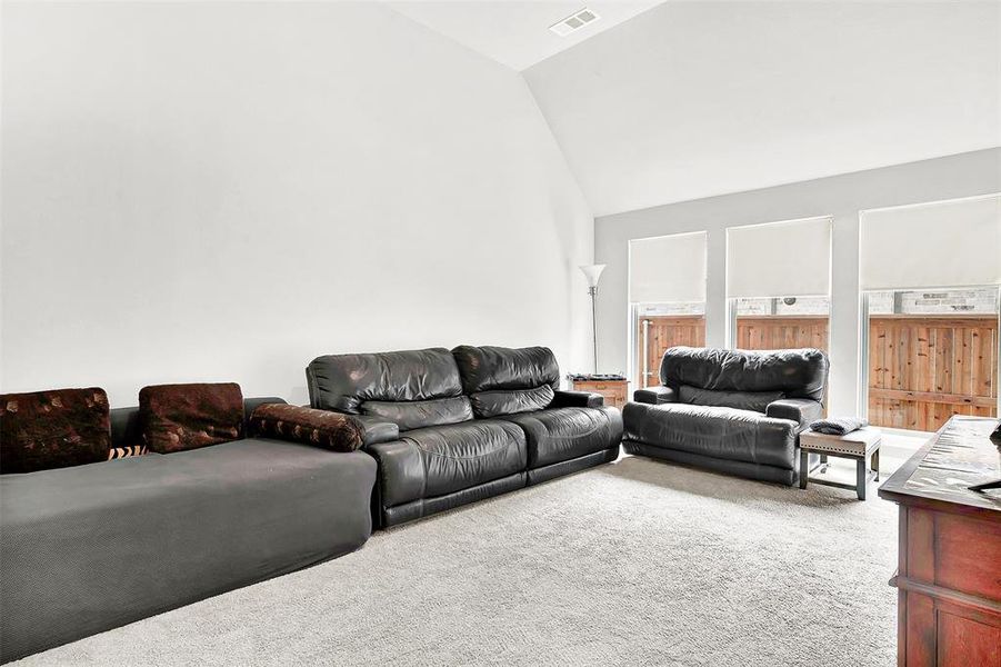 Carpeted living area featuring high vaulted ceiling
