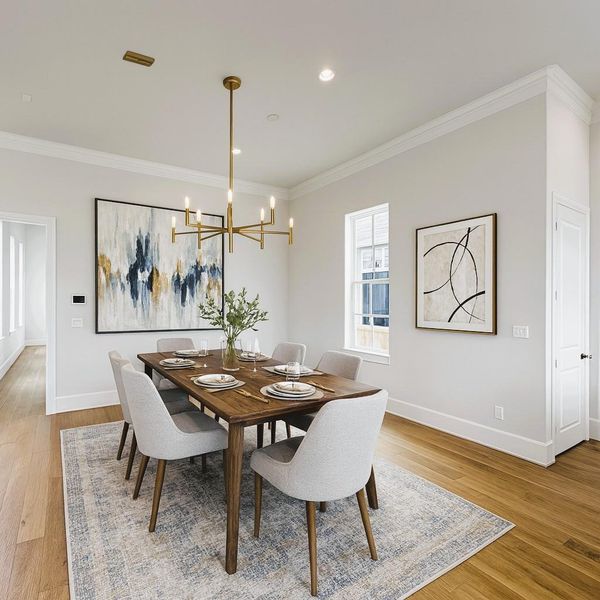 Double Crown Molding in the Dining and Living Area - to dress up those 12 FT Ceilings (pic was Virtually Staged, including chandelier Double Crown Molding in the Dining and Living Area - to dress up those 12 FT Ceilings (pic was Virtually Staged, including chandelier
