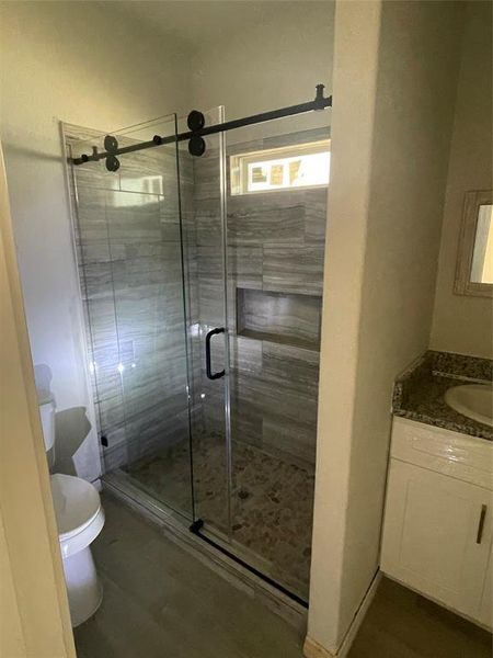 Sliding glass doors for primary bathroom