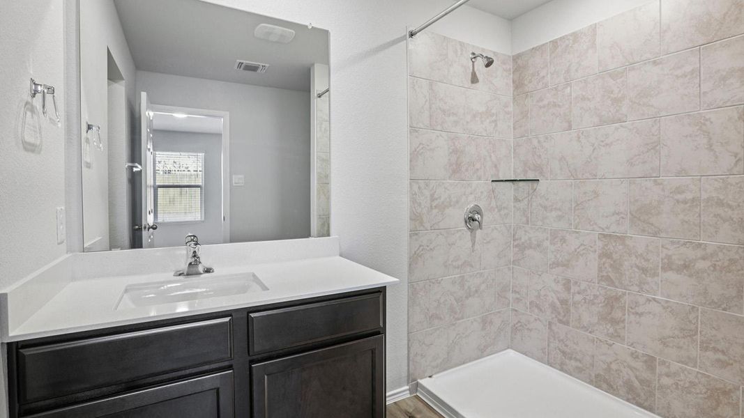 Full bathroom featuring vanity and a shower stall