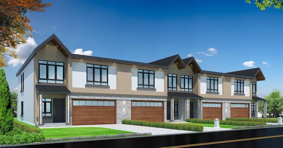 View of front of property with stucco siding, a garage, stone siding, and driveway