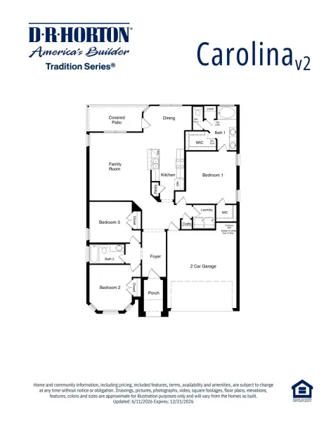 2D floor plan layout for the Carolina by D.R. Horton in Shenandoah Ridge, Midland, TX (Image 3).