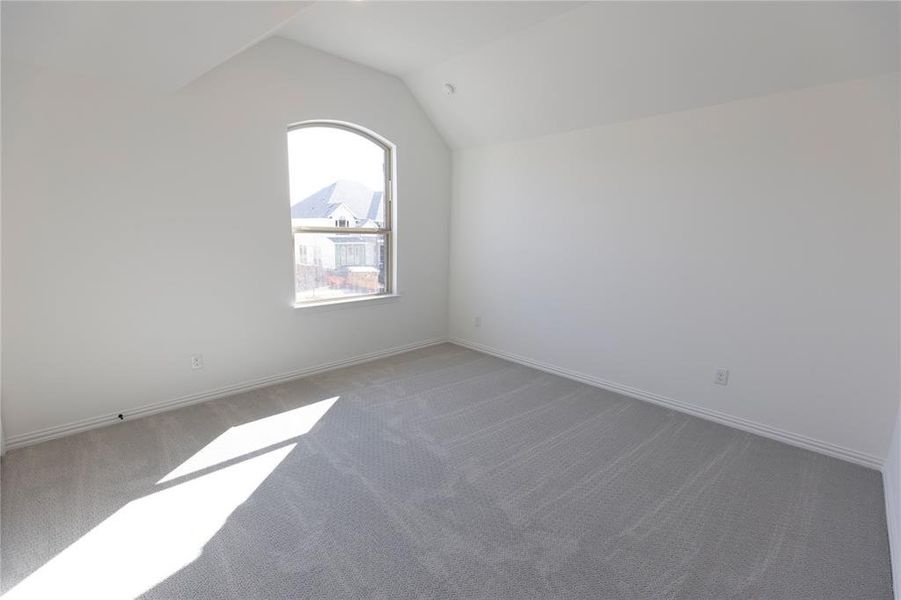 Carpeted empty room featuring lofted ceiling