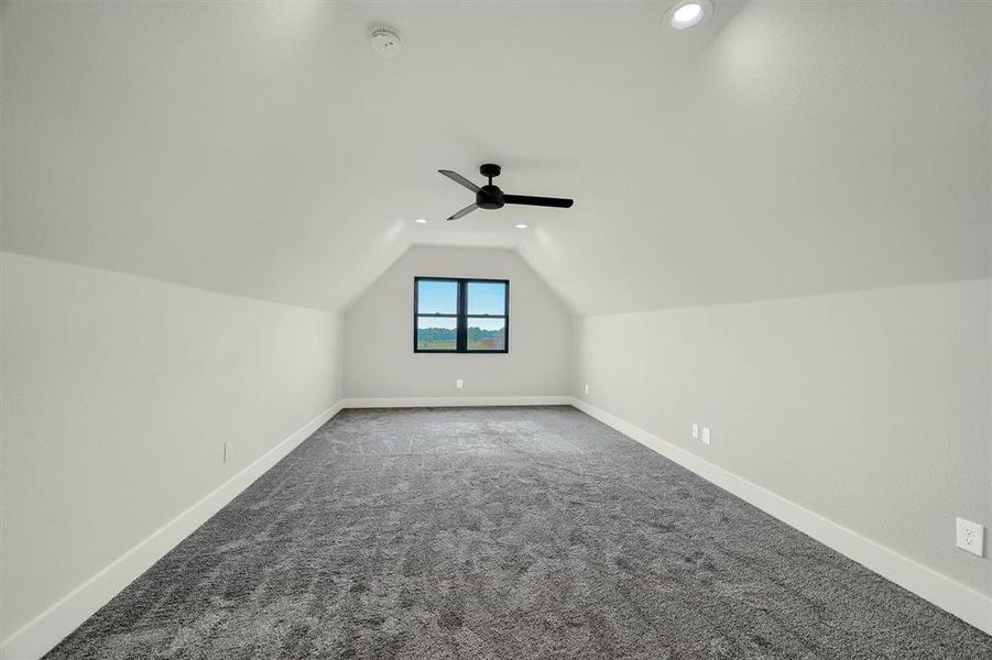 Additional living space featuring ceiling fan, carpet floors, and vaulted ceiling