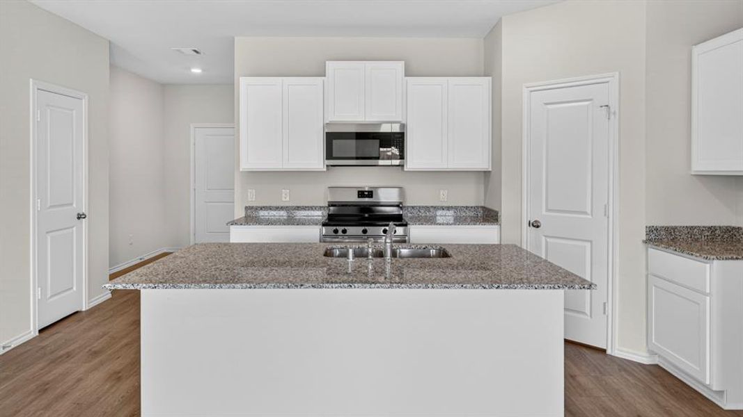 Kitchen featuring a central island with an undermount sink, granite countertops, wood-finish flooring, white cabinetry, and stainless steel appliances including a gas range and built-in microwave Kitchen featuring a central island with an undermount sink, granite countertops, wood-finish flooring, white cabinetry, and stainless steel appliances including a gas range and built-in microwave
