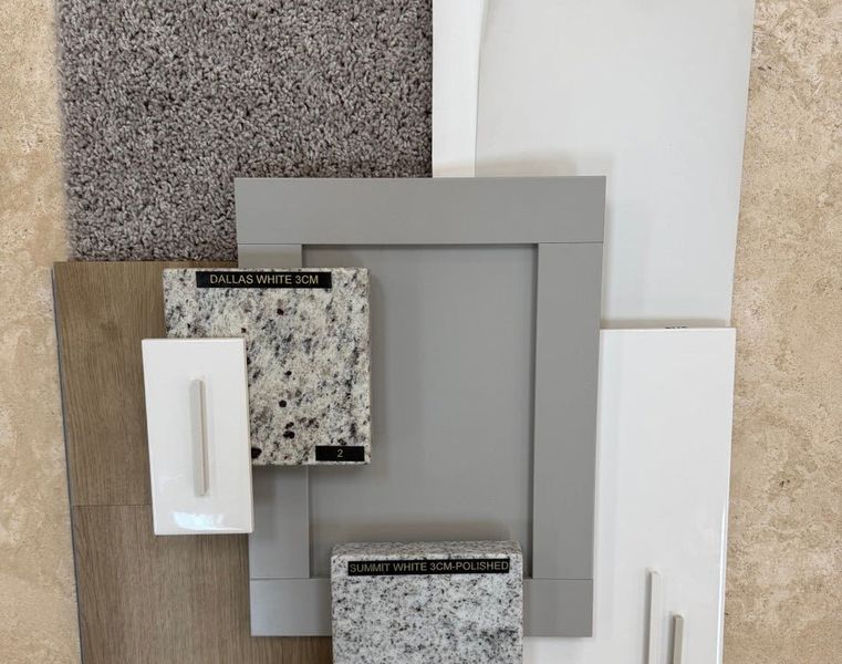 Home design material samples including gray carpet, wood flooring, white and gray cabinet doors, and granite countertop swatches