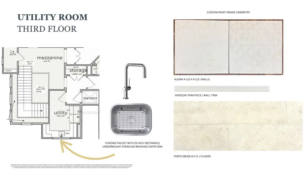Third-floor Utility Room thoughtfully designed with Custom Cabinetry, Chrome Fixtures, and durable Porto Beige flooring for both function and style.