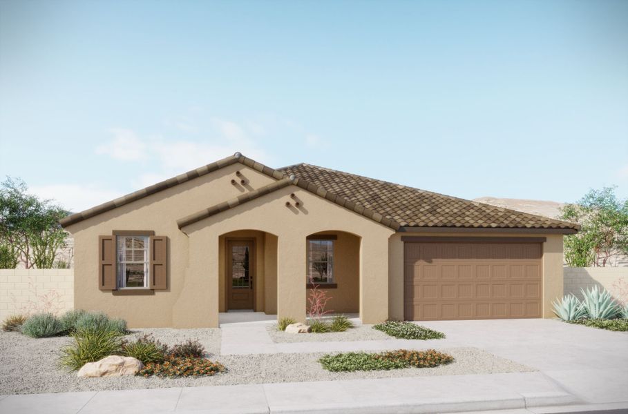 Representative exterior photo of a completed home built from the Apple by Mattamy Homes in Tavira at Twin Peaks, Oro Valley, AZ (Image 4). Representative exterior photo of a completed home built from the Apple by Mattamy Homes in Tavira at Twin Peaks, Oro Valley, AZ (Image 4).