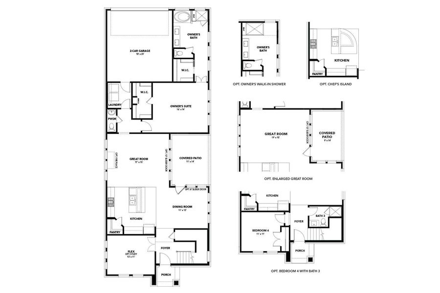 Examine this comprehensive floor plan, showcasing a garage, owner's suite, great room, and multiple optional configurations.