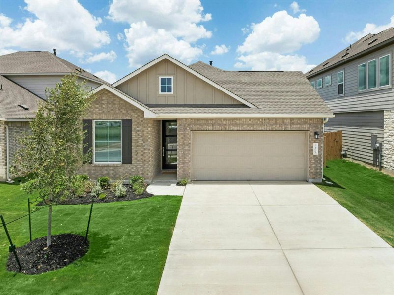 Front exterior of a new home in East View Farms, Georgetown, TX, highlighting curb appeal (Image 2). Front exterior of a new home in East View Farms, Georgetown, TX, highlighting curb appeal (Image 2).
