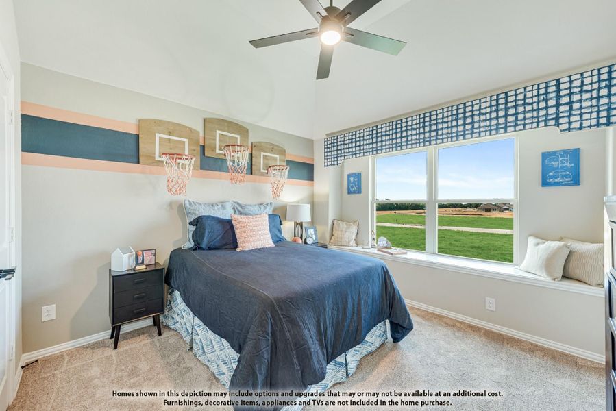 Kids bedroom with basketball hoop wall decor, window seat, ceiling fan, and large windows overlooking backyard Kids bedroom with basketball hoop wall decor, window seat, ceiling fan, and large windows overlooking backyard