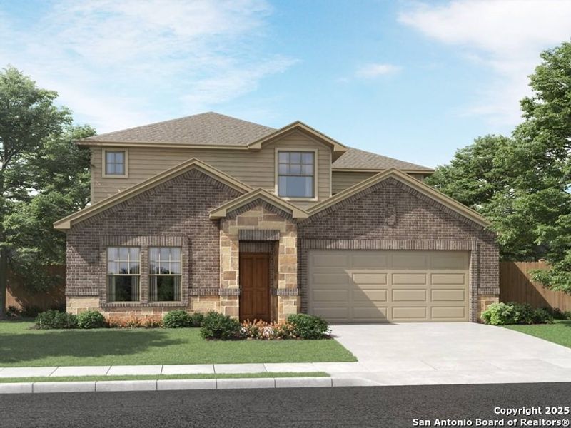 Front exterior of a new home in , Cibolo, TX, highlighting curb appeal (Image 1).