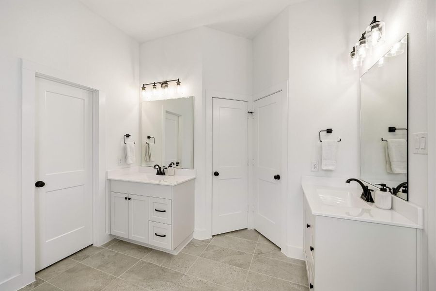 The primary bath features dual walk-in closets, each thoughtfully designed with dedicated shoe shelving, storage shelves and hanging space for a beautifully organized wardrobe. One closet offers the added luxury of direct access to the utility room, creating exceptional everyday convenience. A separate linen closet and private water closet complete this refined and highly functional retreat.
