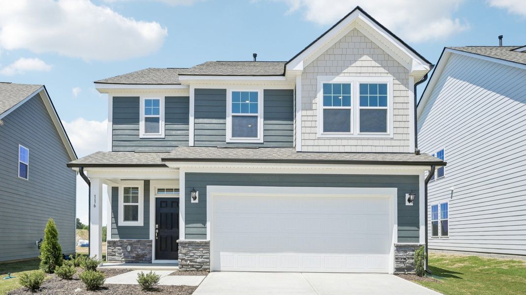 Representative exterior photo of a completed home built from the Bordeaux by DRB Homes in Sidney Creek Single Family, Zebulon, NC (Image 23).