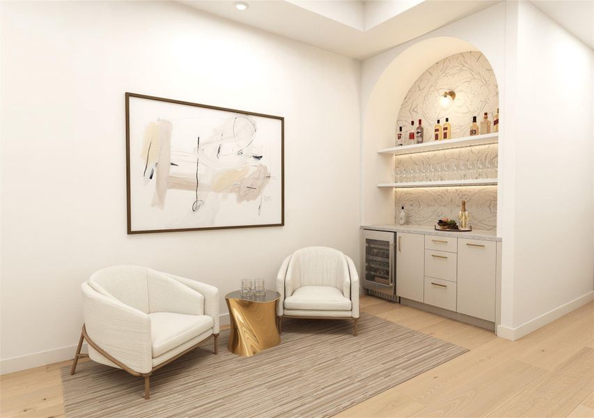 The dry bar upstairs, set into an arched niche — not a detail you find amongst most.