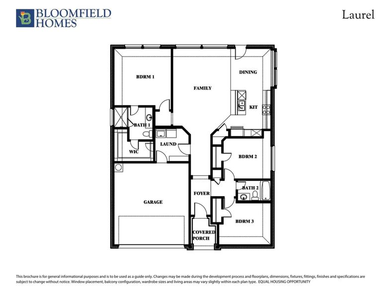 Bloomfield Homes Laurel floor plan with three bedrooms, two bathrooms, family room, kitchen, dining area, garage, and covered porch. Bloomfield Homes Laurel floor plan with three bedrooms, two bathrooms, family room, kitchen, dining area, garage, and covered porch.