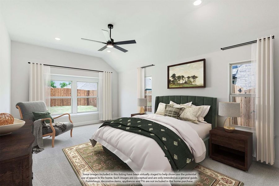 Bedroom with vaulted ceiling, ceiling fan, carpet flooring, and multiple windows with white curtains