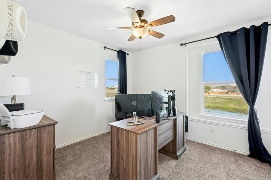 A spacious home office filled with natural light, offering serene pond views and featuring plush carpet flooring and a ceiling fan for year-round comfort.