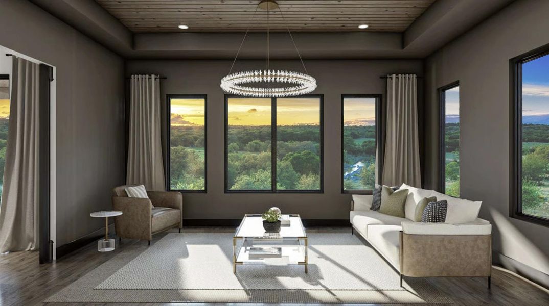 Living area featuring wood finished floors, recessed lighting, wooden ceiling, a chandelier, and a raised ceiling Living area featuring wood finished floors, recessed lighting, wooden ceiling, a chandelier, and a raised ceiling