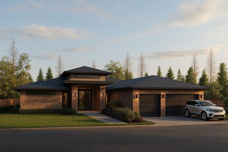 Contemporary hill country style home with brick siding, driveway, and an attached garage Contemporary hill country style home with brick siding, driveway, and an attached garage