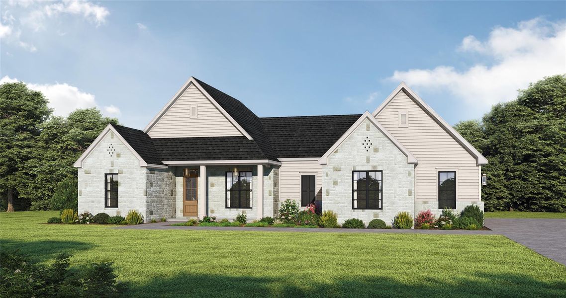 The WYATT Hillcountry plan offers a perfect blend of classic charm and modern living with stone and siding elevation.