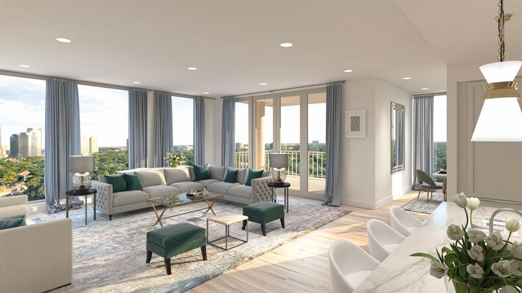 Relax and entertain in style in open-plan living and dining areas featuring 10-foot-tall ceilings, wide-plank flooring, and floor-to-ceiling double-pane windows capturing southern light and views.