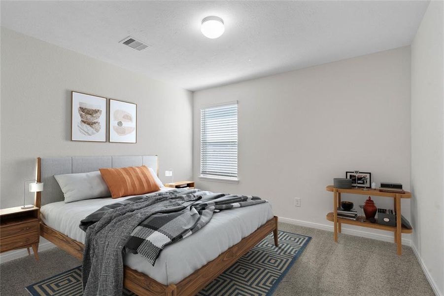 Secondary bedroom features plush carpet, custom paint and a large window.