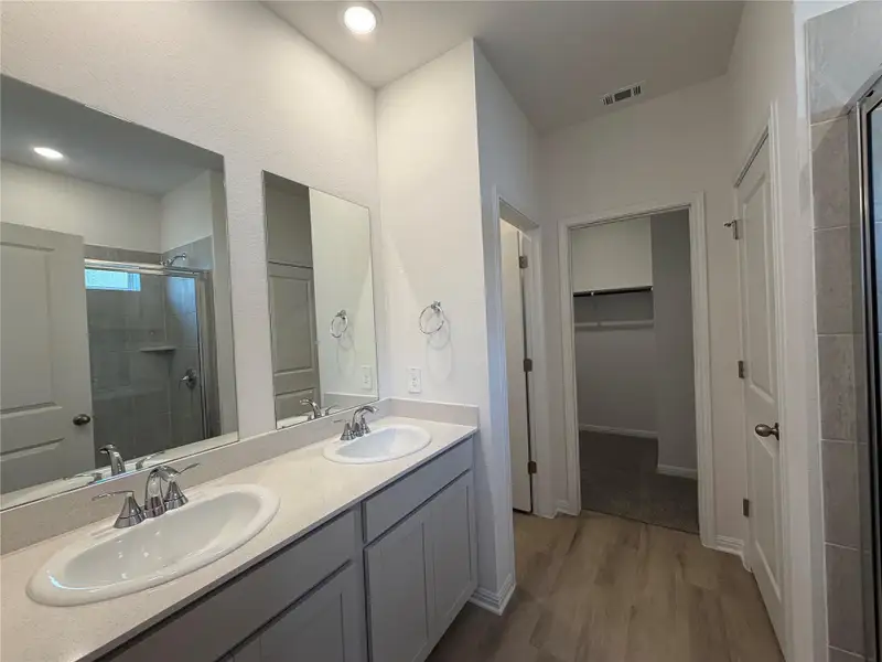 Bathroom featuring a shower stall, a walk in closet, dark wood-type flooring, and double vanity Bathroom featuring a shower stall, a walk in closet, dark wood-type flooring, and double vanity