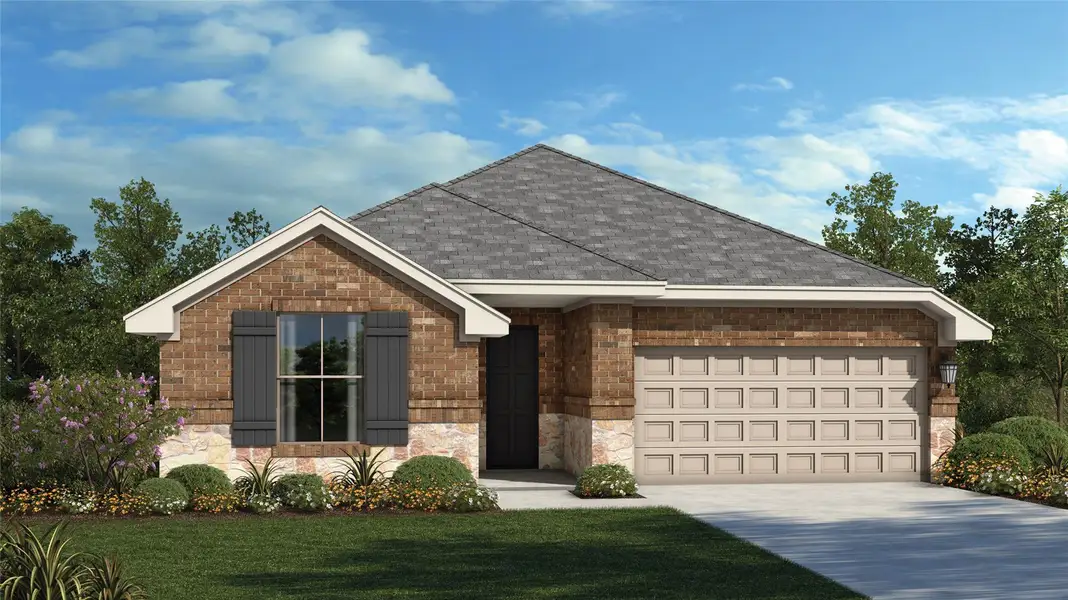 Front exterior of a new home in University Heights, Round Rock, TX, highlighting curb appeal (Image 1).