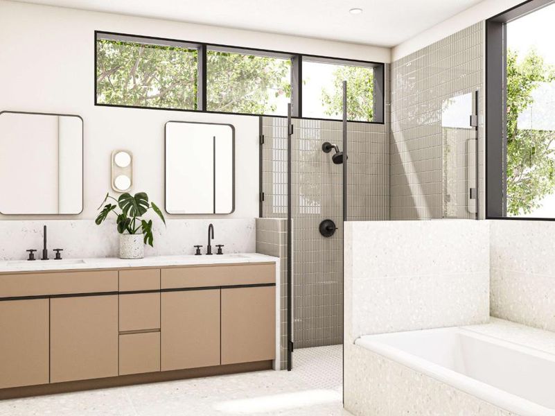 Bathroom featuring a dual vanity with a light countertop, two rectangular mirrors, an enclosed shower with a black fixture, and a built-in tub with textured wall surround