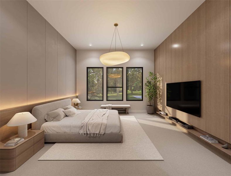 Bedroom with light carpet, recessed lighting, and a decorative wall Bedroom with light carpet, recessed lighting, and a decorative wall