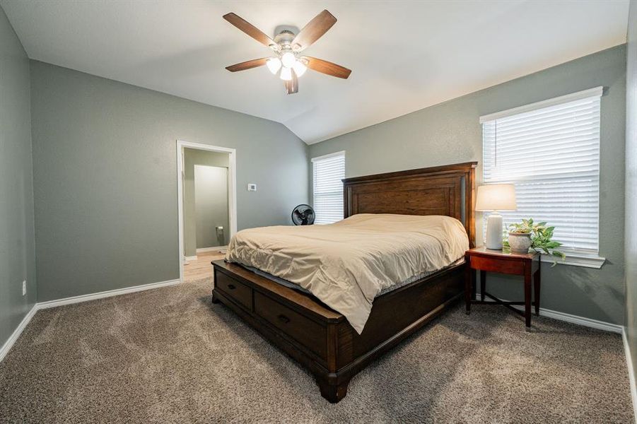 Carpeted bedroom with lofted ceiling and a ceiling fan Carpeted bedroom with lofted ceiling and a ceiling fan