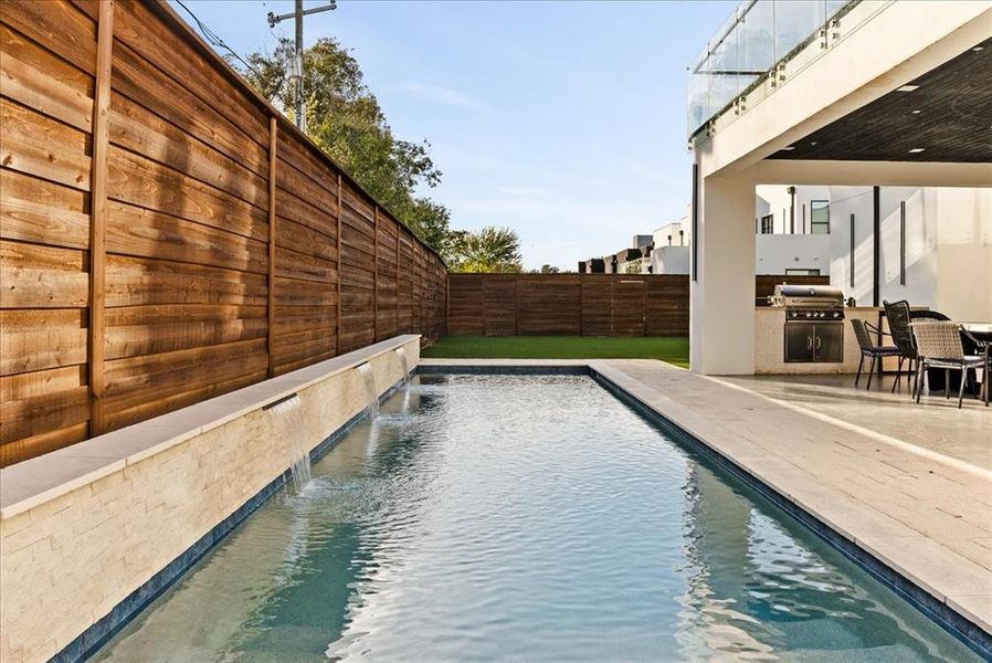 Night light-changing Pool, and covered Patio with built-in kitchen