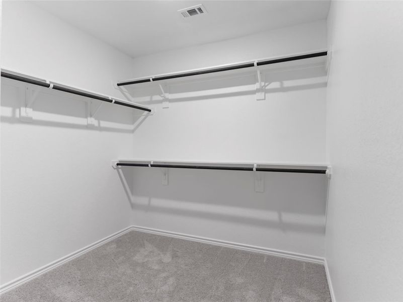 Spacious upstairs master walk-in closet featuring plush carpet and custom built-in shelves.