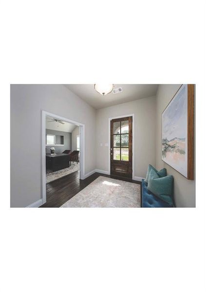 Foyer entrance featuring ceiling fan and dark wood-type flooring