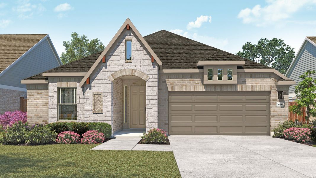 Representative exterior photo of a completed home built from the Oleander by DRB Homes in Newhaven, Manor, TX (Image 19). Representative exterior photo of a completed home built from the Oleander by DRB Homes in Newhaven, Manor, TX (Image 19).