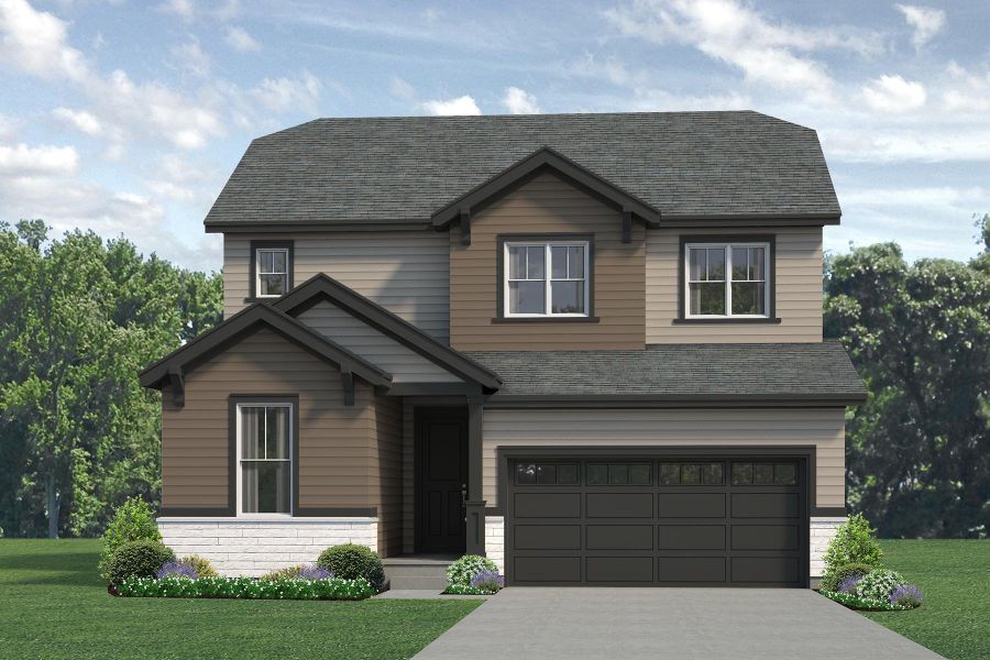 Representative exterior photo of a completed home built from the Jackson by Risewell Homes in Highlands Preserve, Mead, CO (Image 8). Representative exterior photo of a completed home built from the Jackson by Risewell Homes in Highlands Preserve, Mead, CO (Image 8).