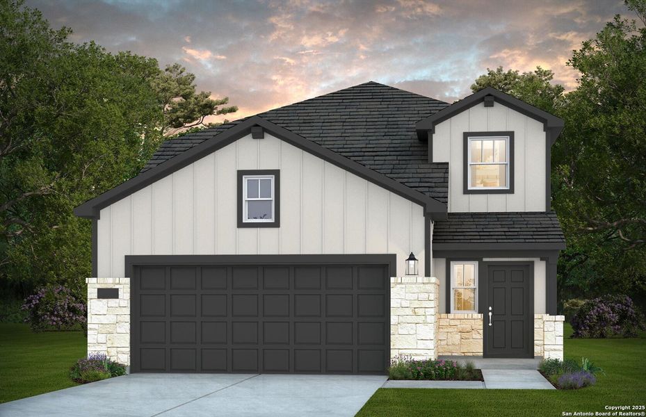 Front exterior of a new home in The Overlook at Creekside, New Braunfels, TX, highlighting curb appeal (Image 1).