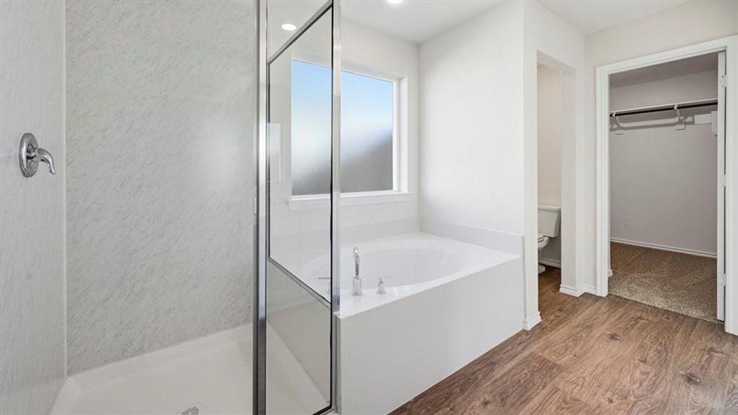 Bathroom with a spacious closet, a stall shower, wood finished floors, a garden tub, and recessed lighting Bathroom with a spacious closet, a stall shower, wood finished floors, a garden tub, and recessed lighting