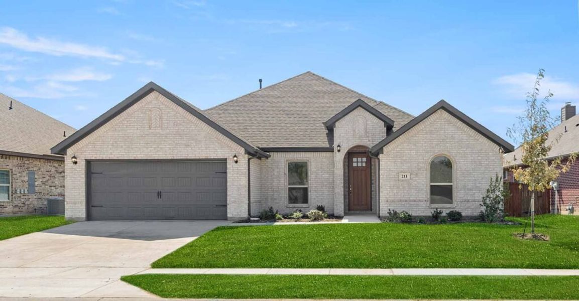 Representative exterior photo of a completed home built from the Hampton by Impression Homes in Still Water Lake, Godley, TX (Image 1). Representative exterior photo of a completed home built from the Hampton by Impression Homes in Still Water Lake, Godley, TX (Image 1).
