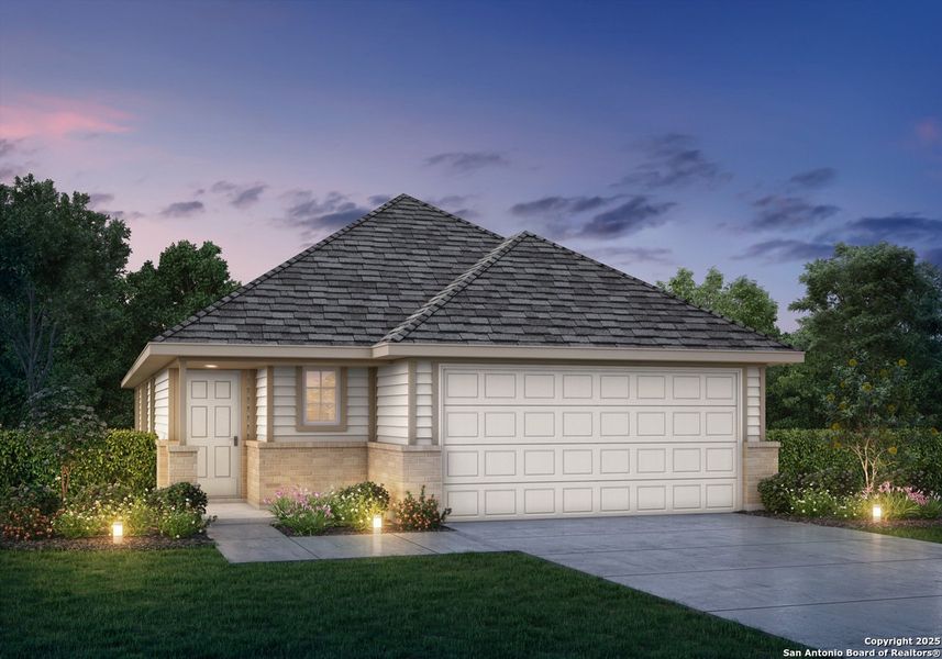 Front exterior of a new home in Hickory Ridge, Elmendorf, TX, highlighting curb appeal (Image 1).