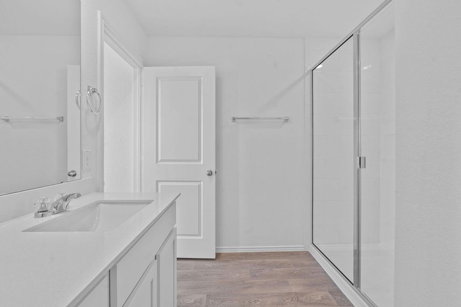 Bathroom featuring vanity, light wood-type flooring, and a stall shower