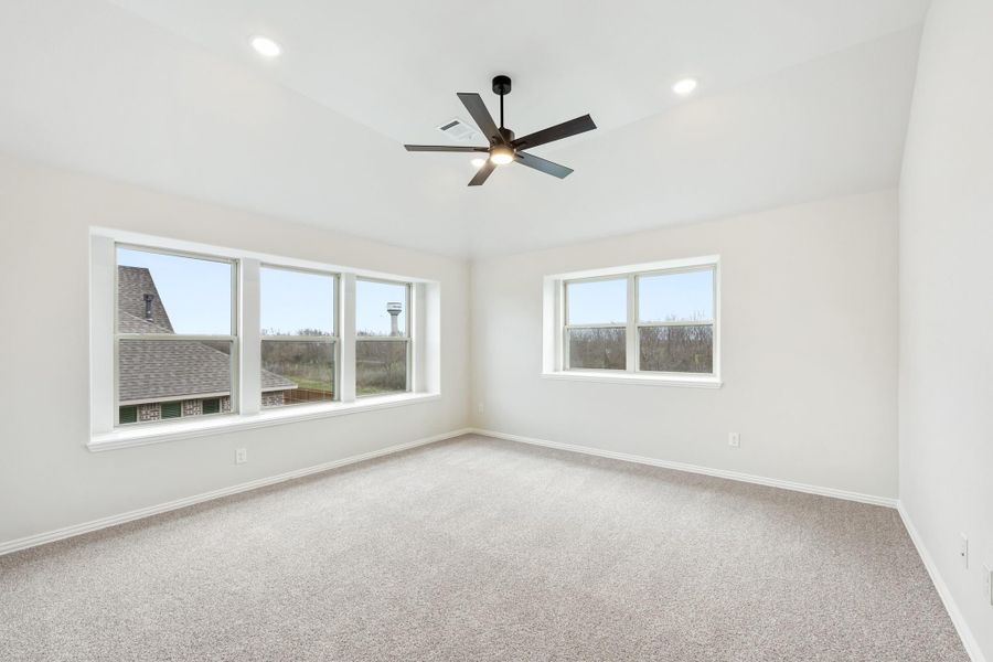 Empty bedroom with carpet flooring, ceiling fan, and multiple windows with natural light
