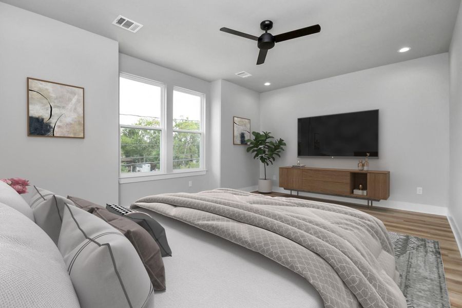 Spacious bedroom with modern finishes and abundant natural light. Clean, calming design creates a perfect retreat.