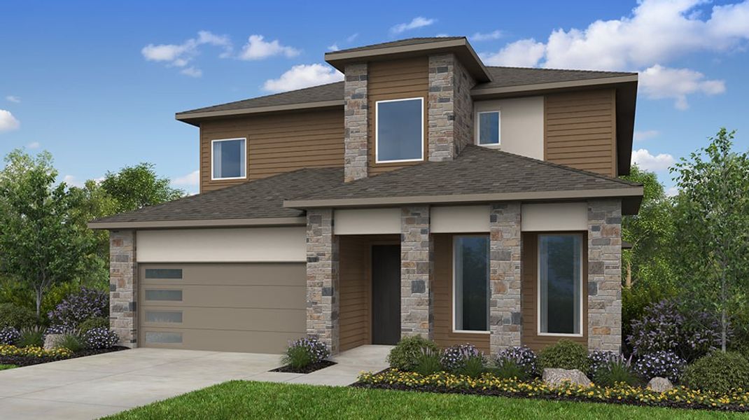 Representative exterior photo of a completed home built from the Piedmont by Taylor Morrison in Turners Crossing, Austin, TX (Image 6). Representative exterior photo of a completed home built from the Piedmont by Taylor Morrison in Turners Crossing, Austin, TX (Image 6).