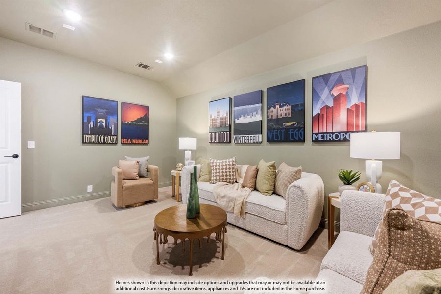 Casual living room with cream sofa, round coffee table, and six decorative travel posters on the wall